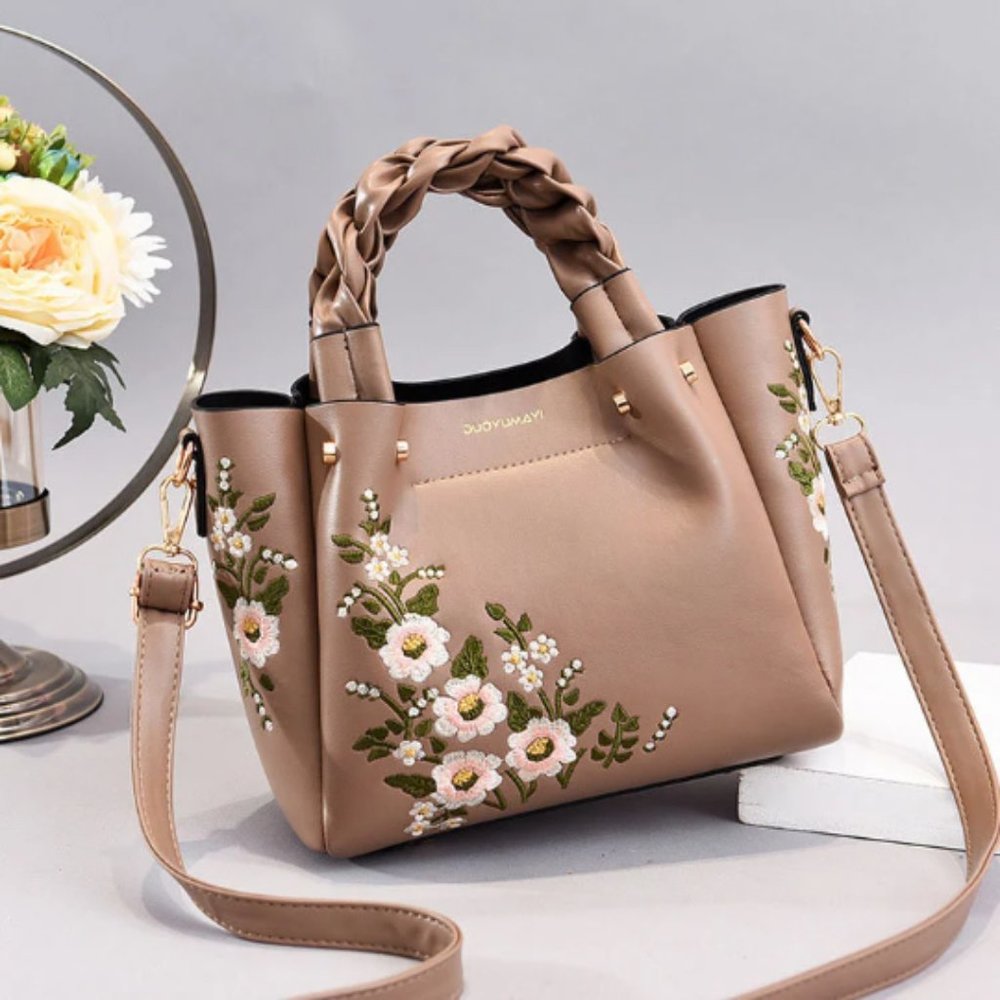 Floral Embroidered Satchel Handbag - Beige